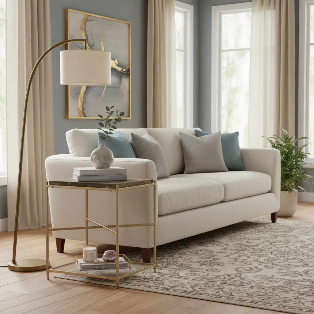 Living room with beige sofa, kove side table gold, and decorative elements.