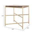 Gold metal kove side table with marble top and dimensions on a white background