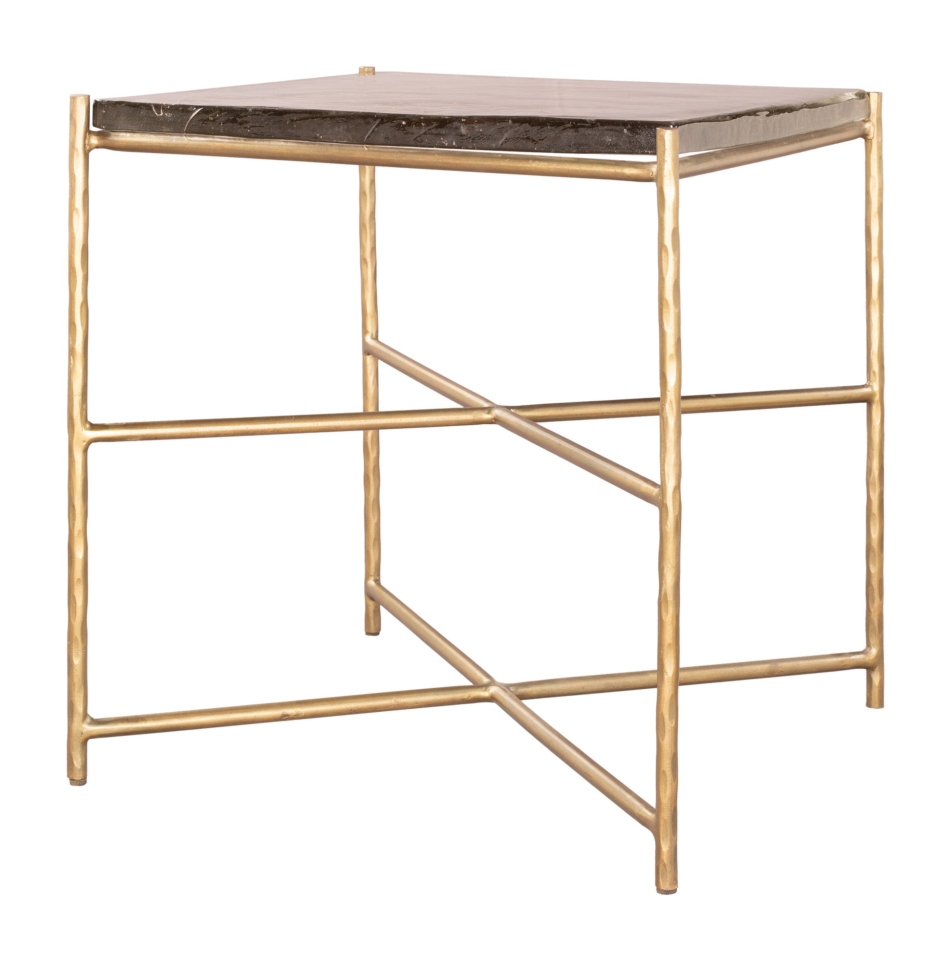 Gold metallic kove side table with glass top on a white background