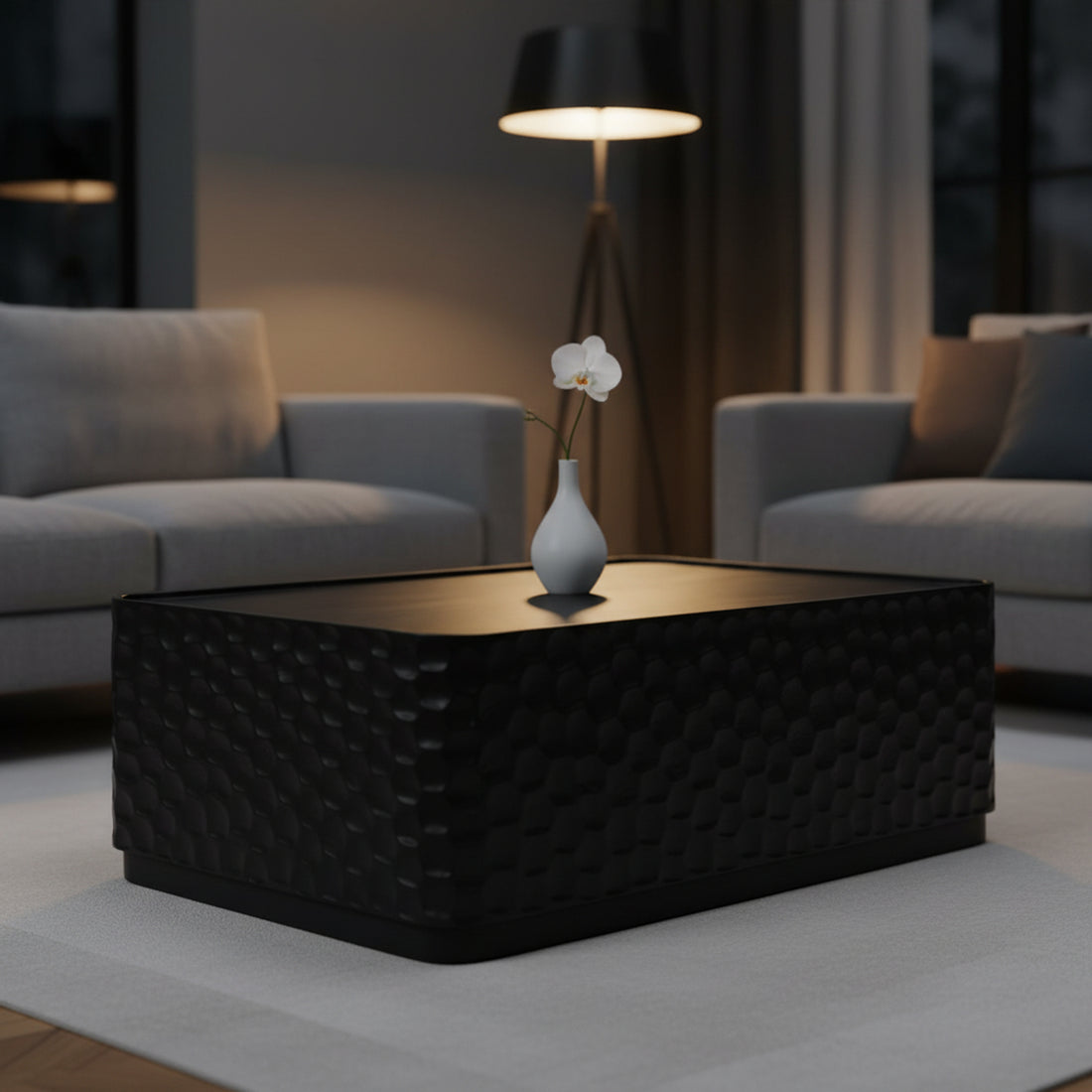 white brushed accent table in a transitional living room setting