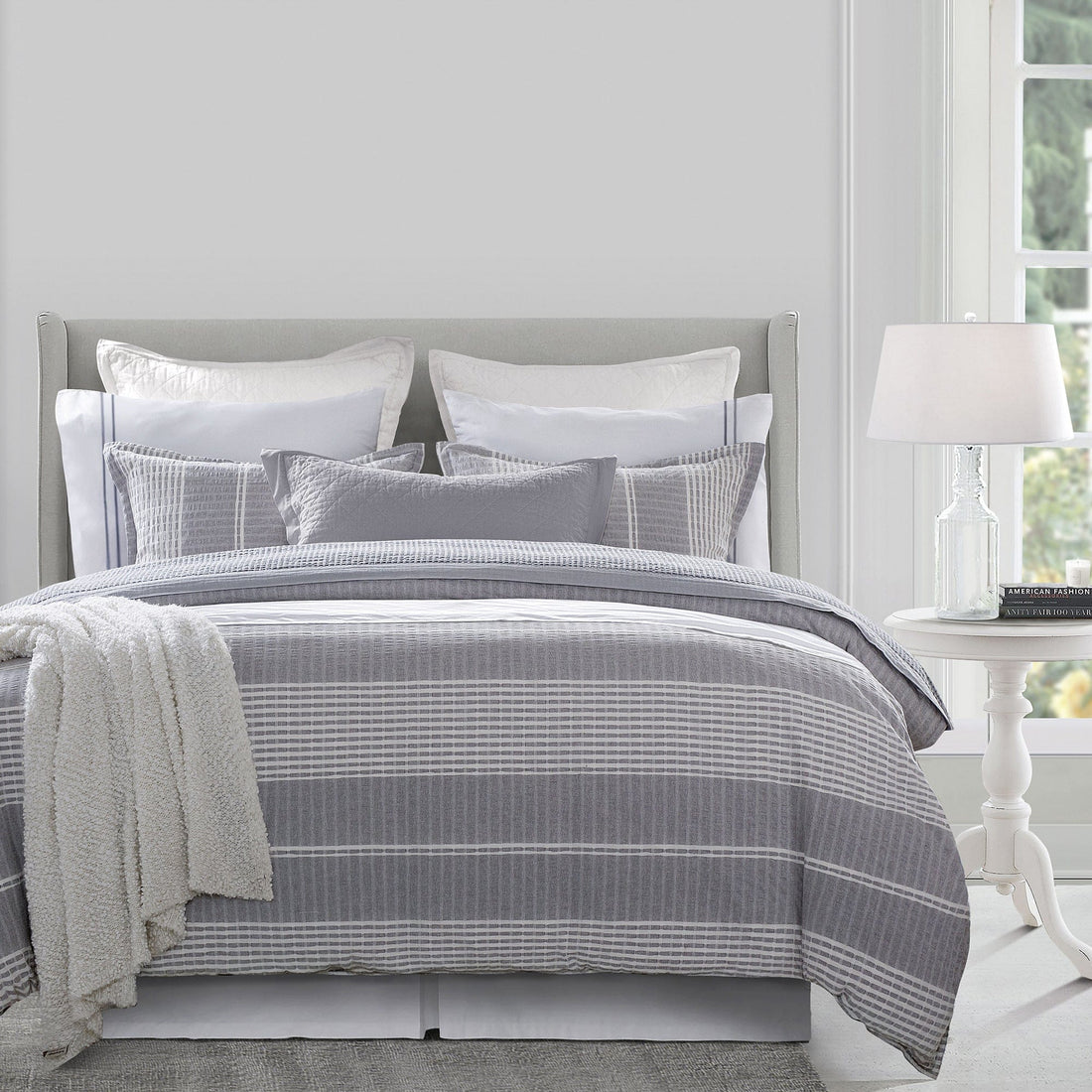 neutral linen duvet cover styled in a minimalist elegant dining room