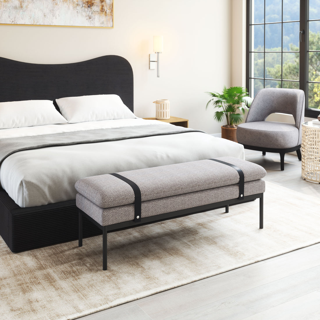 warm-toned soft accent bench in a farmhouse contemporary bedroom setting