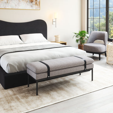 warm-toned soft accent bench in a farmhouse contemporary bedroom setting
