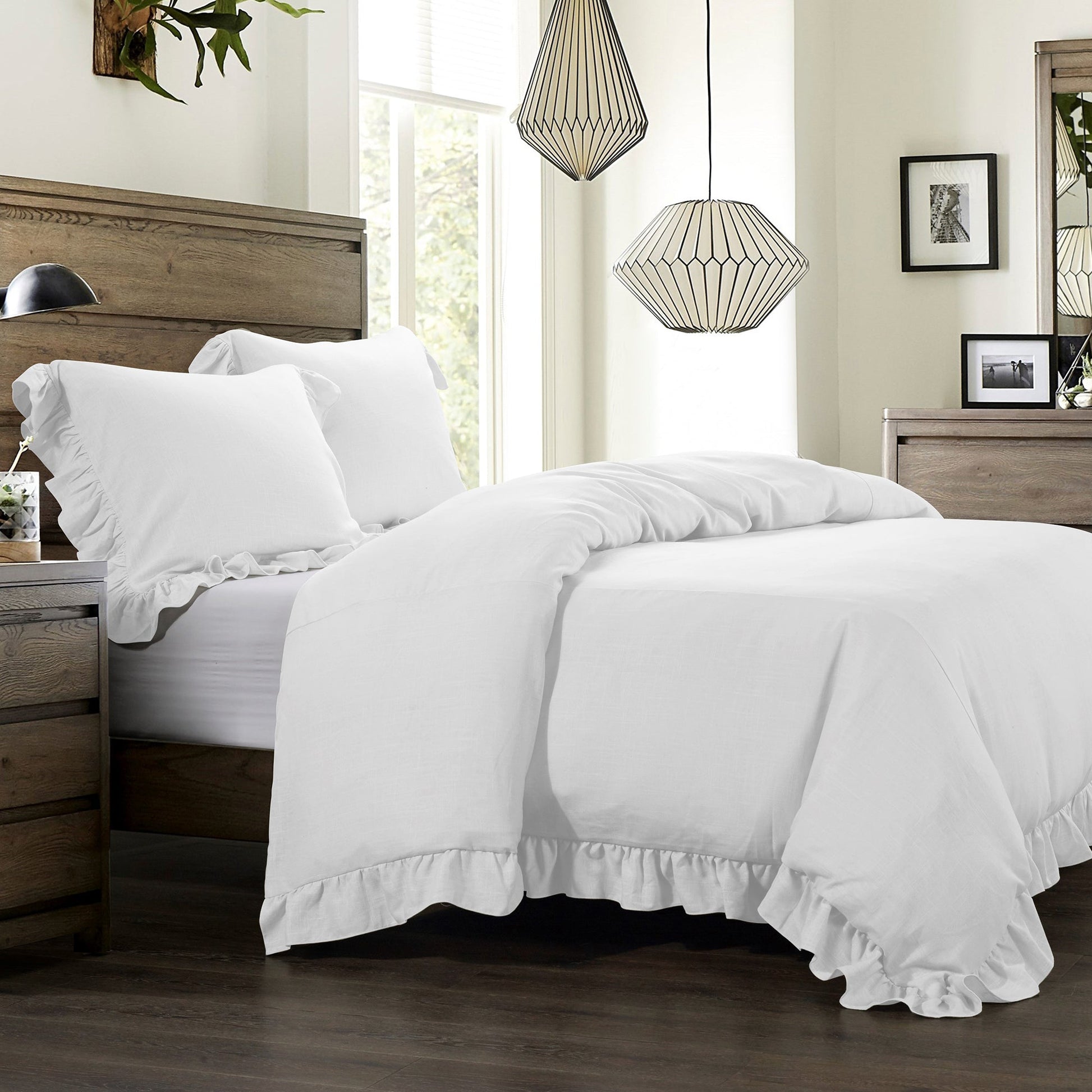 walnut linen duvet cover styled in a minimalist elegant dining room