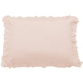 Pink pillow with ruffled edges on a white background