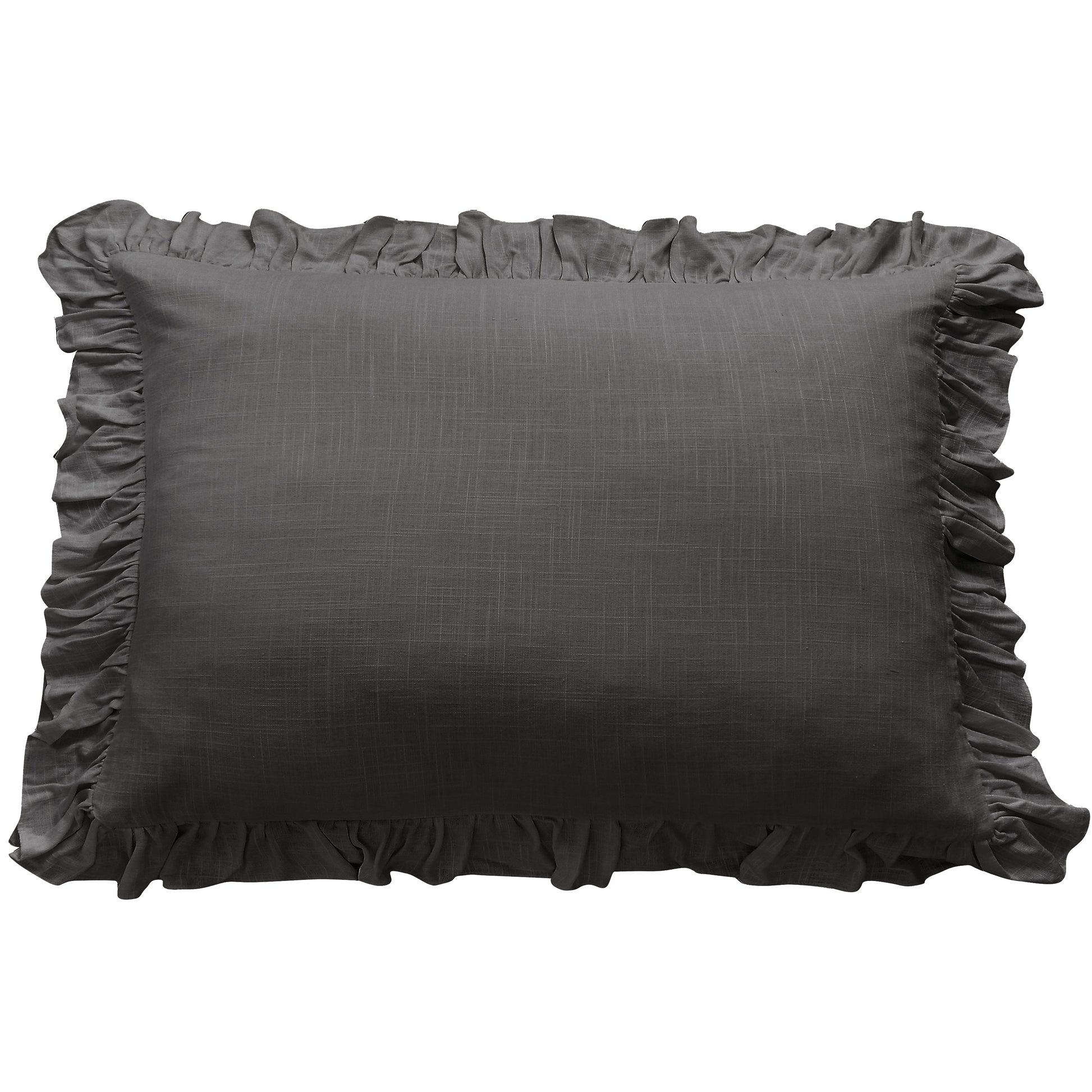Gray pillow with ruffled edges on a white background