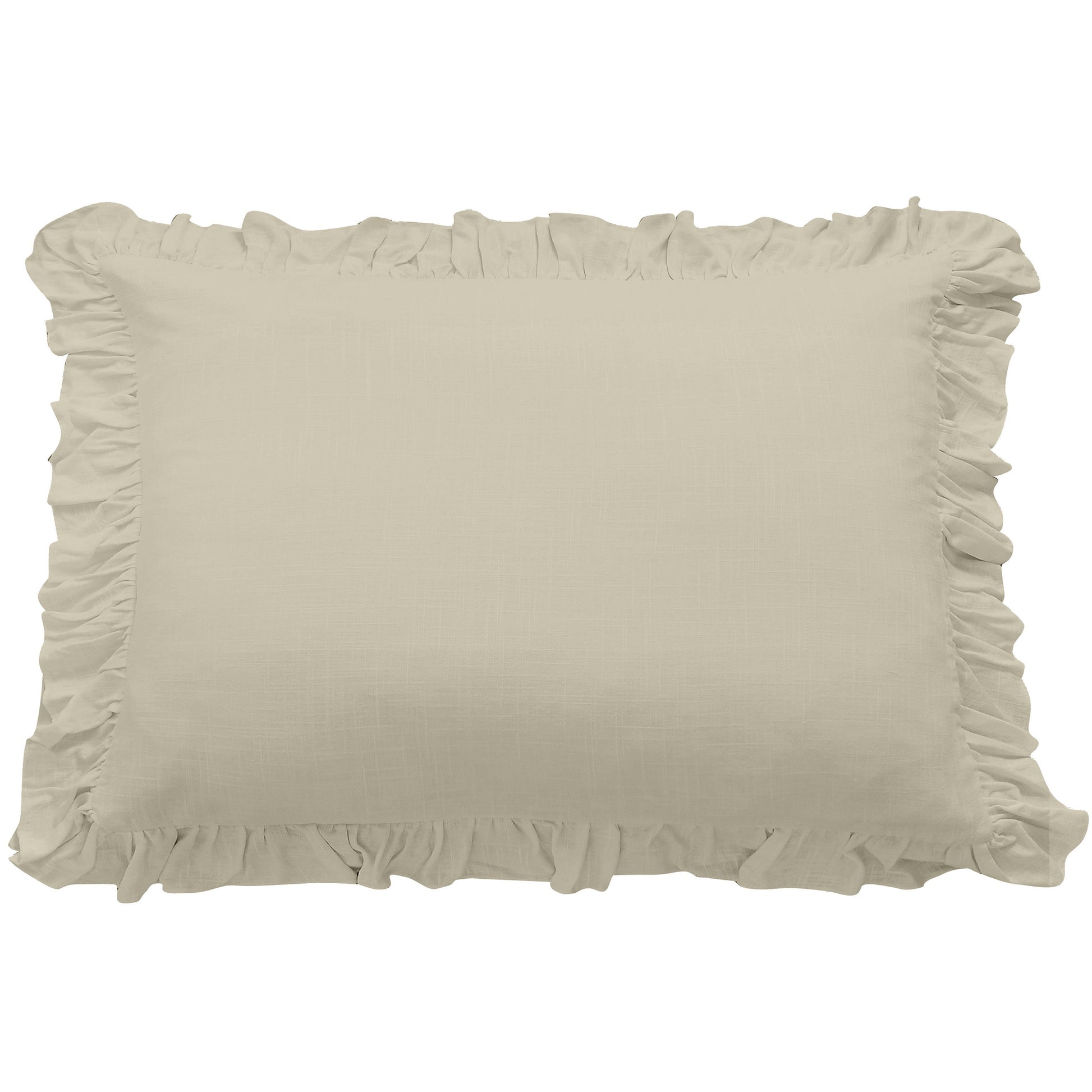 Beige pillow with ruffled edges on a white background