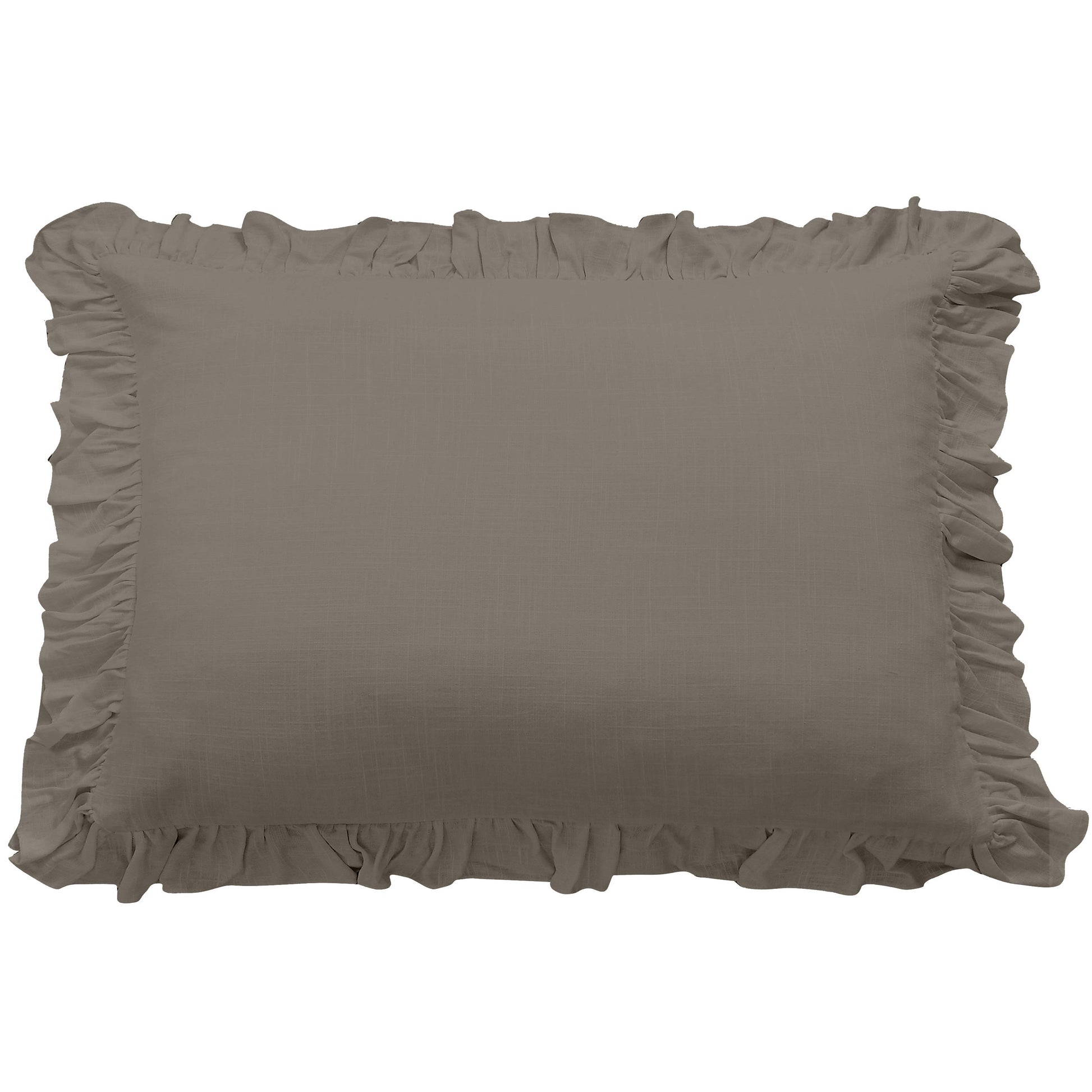 Gray pillow with ruffled edges on a white background