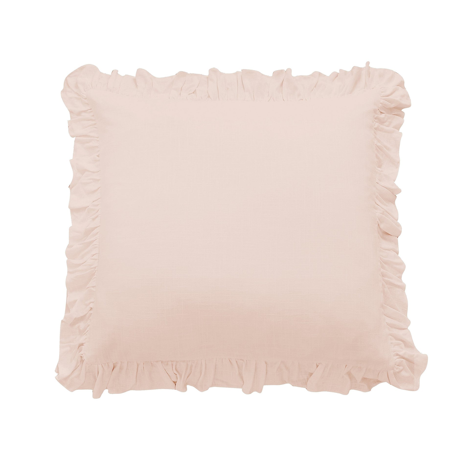 Pink pillow with ruffled edges on a white background