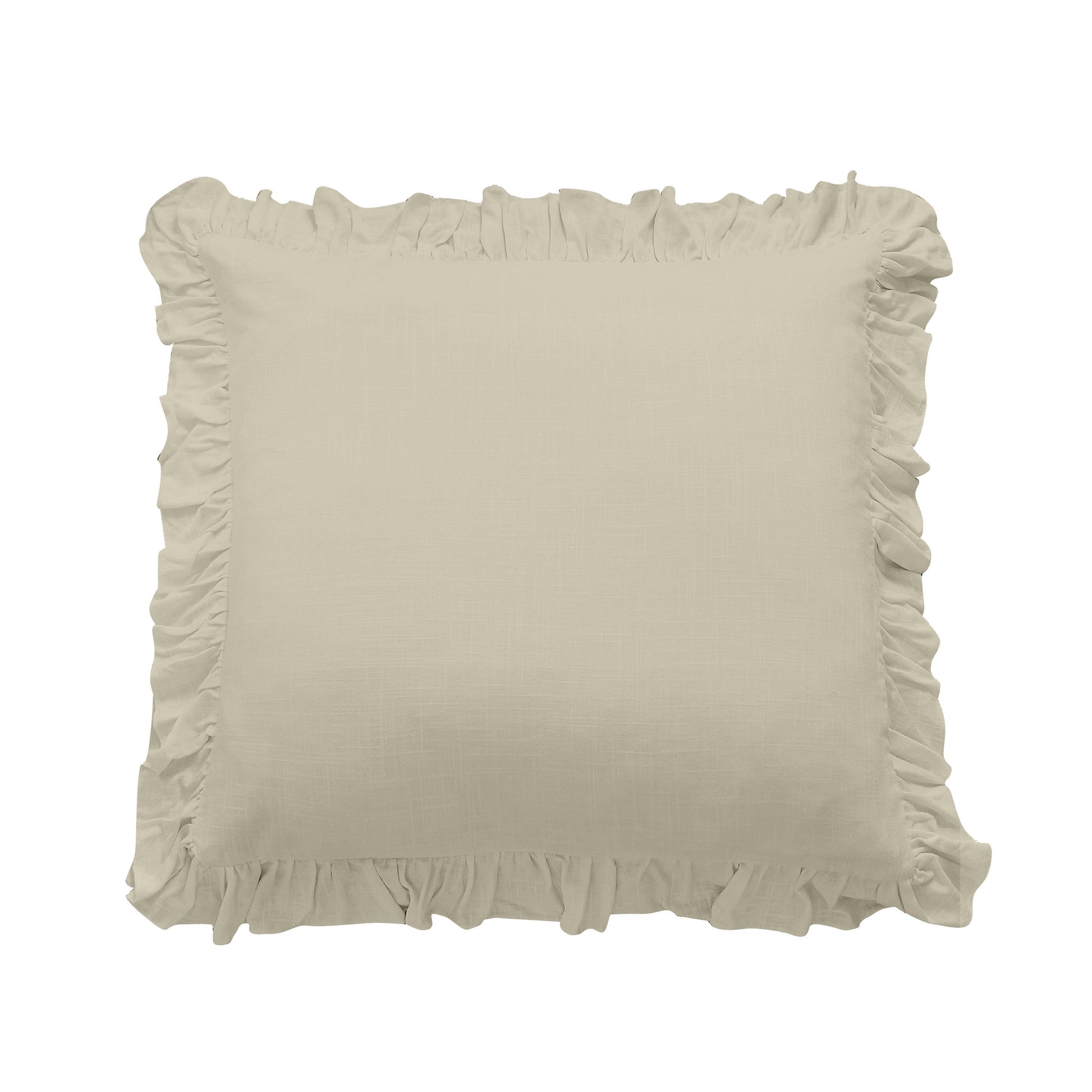 Beige pillow with ruffled edges on a white background