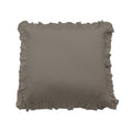 Brown square pillow with ruffled edges on a white background
