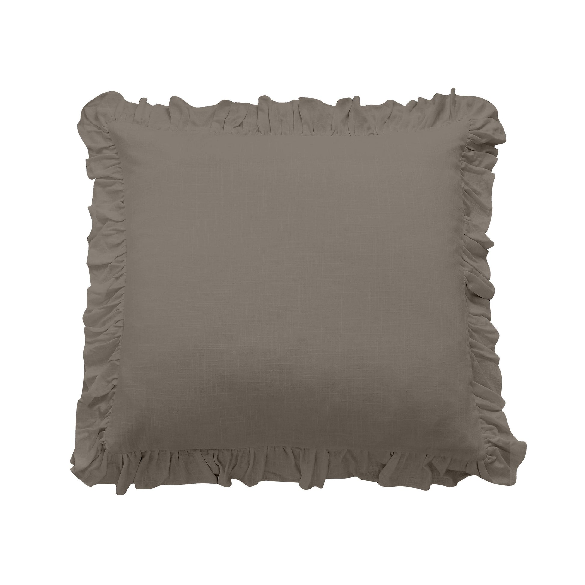 Brown square pillow with ruffled edges on a white background