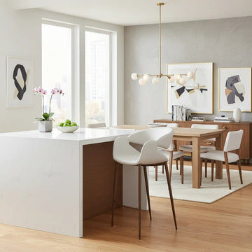 Modern kitchen with white island, wooden dining table, and Limay Barstools Beige & Walnut