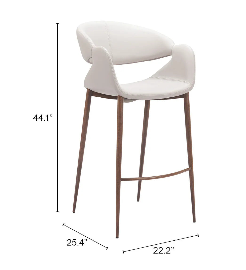 Limay Barstool Beige & Walnut with dimensions on a white background