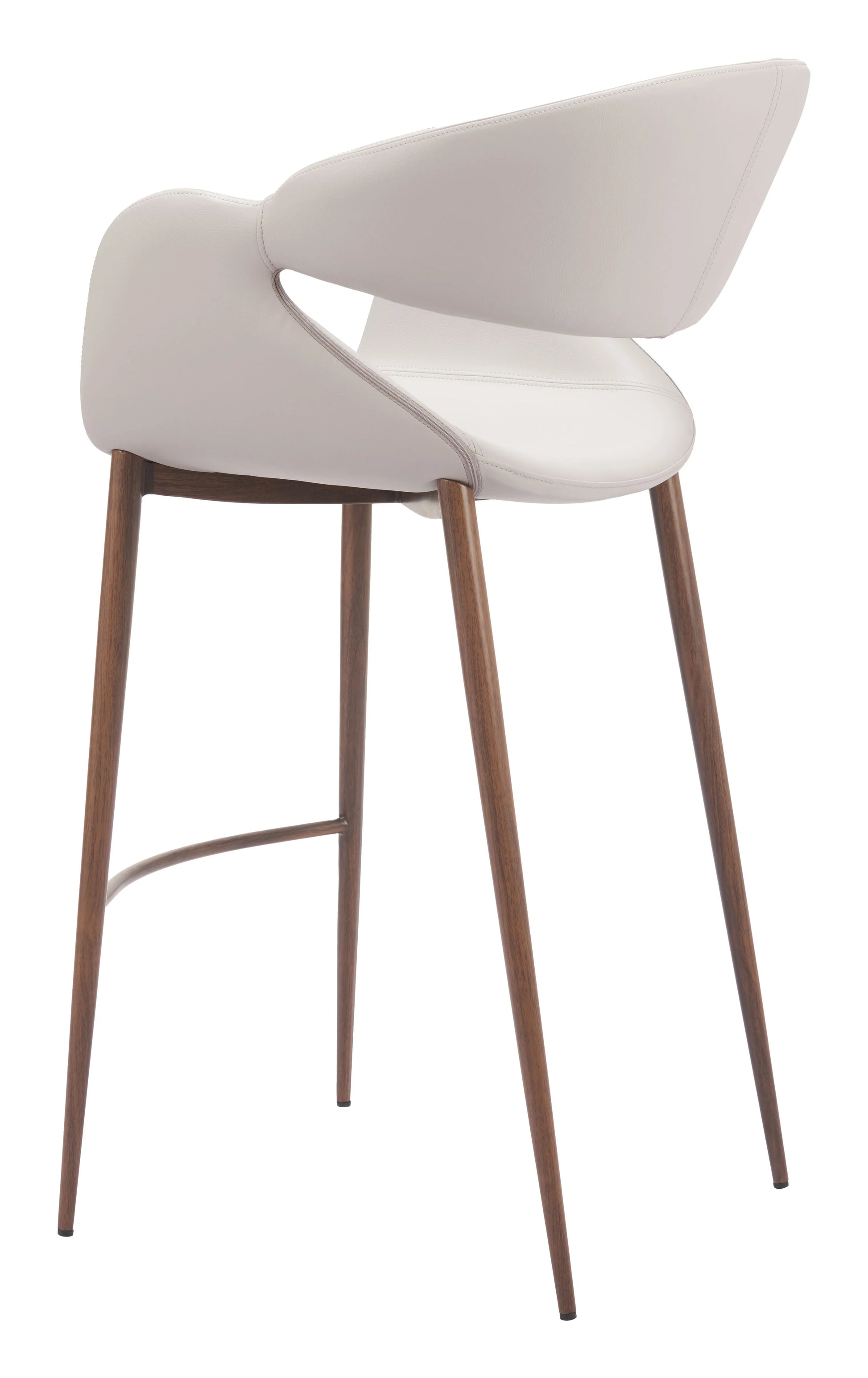 Modern Limay Barstool Beige with white cushioned seat and backrest on wooden legs against a white background