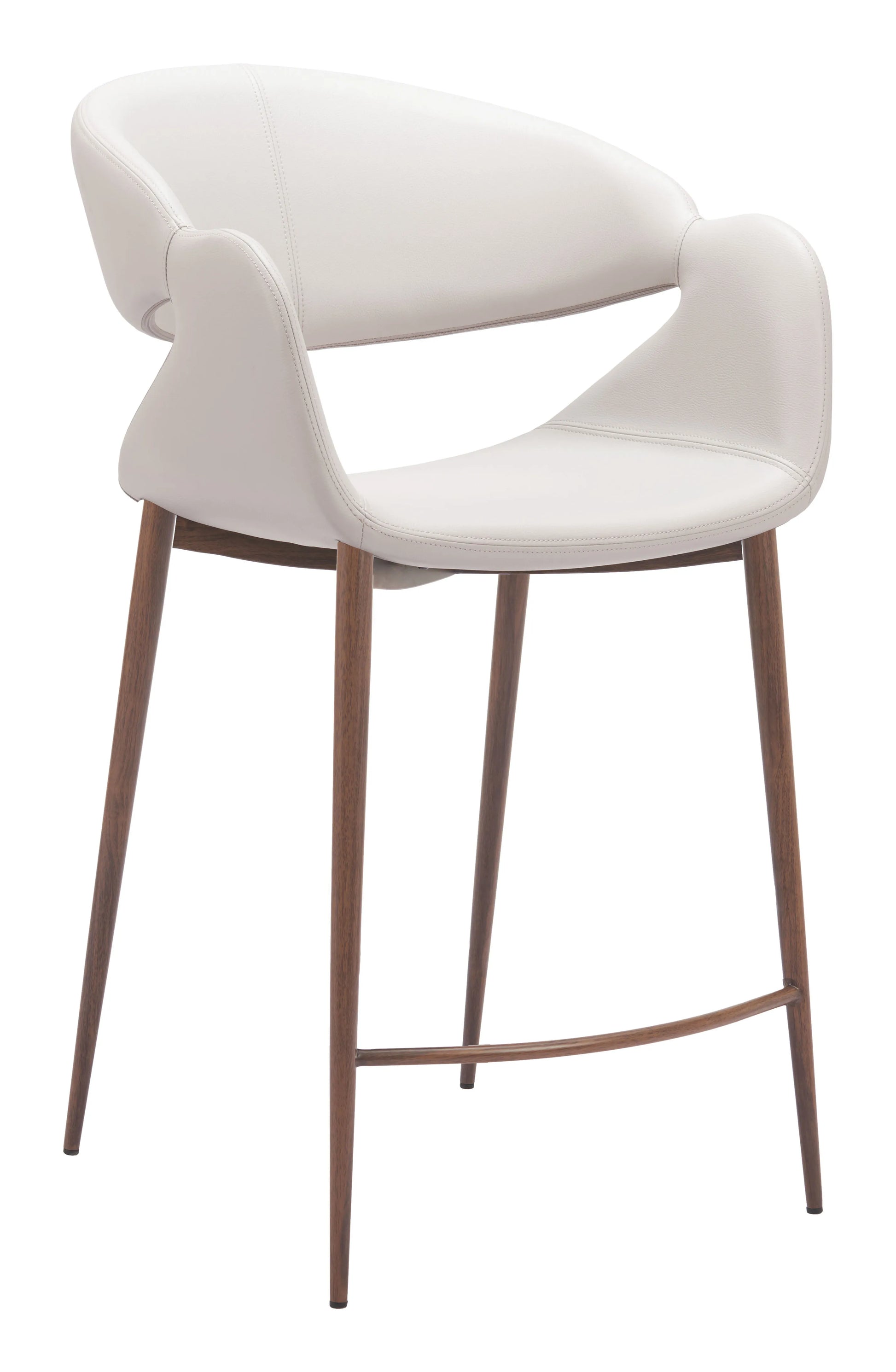 Limay Counter Stool Beige & Walnut with leatherette seat and walnut-finished legs, front angle view.