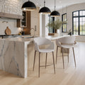 Limay Counter Stool Beige & Walnut shown in a modern kitchen setting at a countertop.