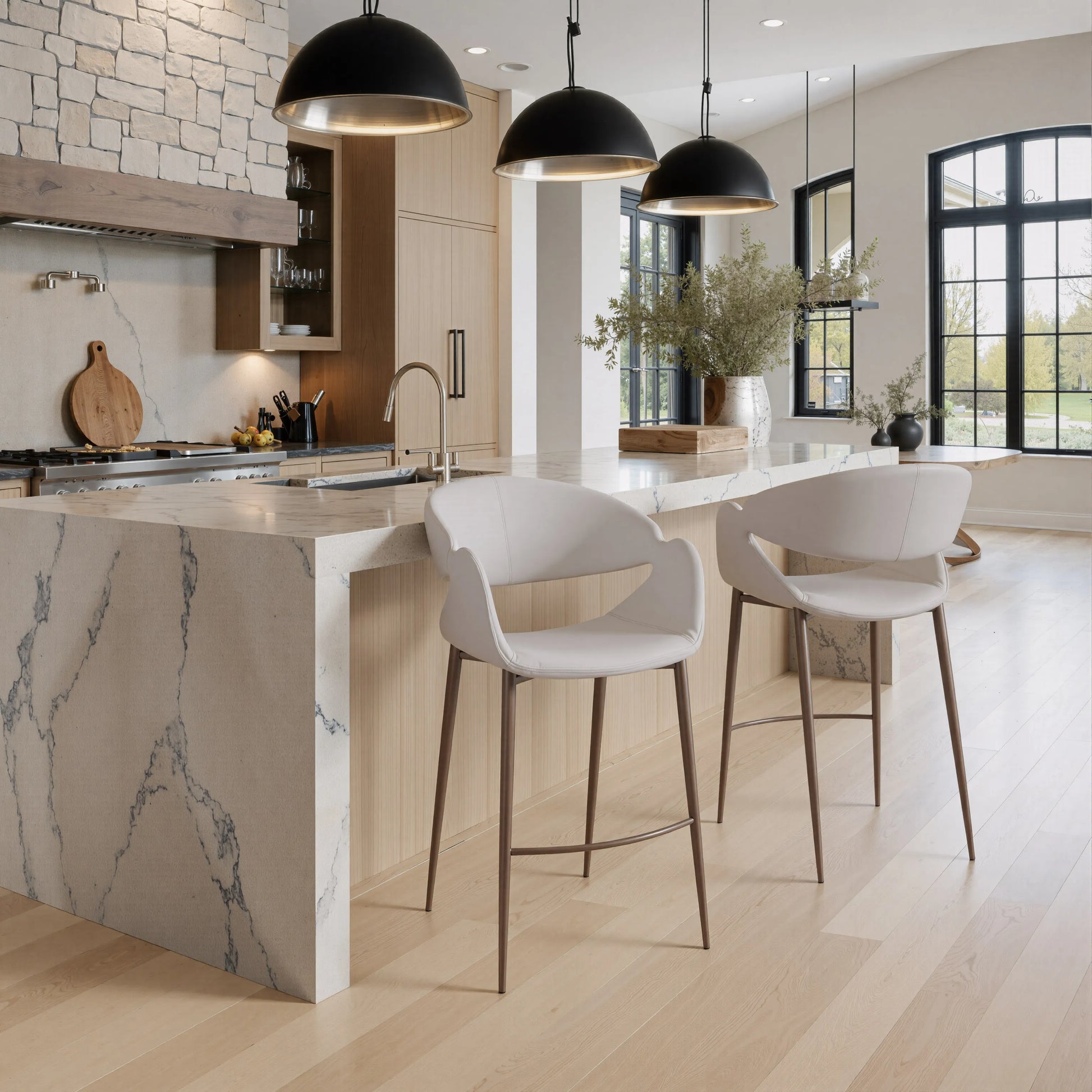 Limay Counter Stool Beige & Walnut shown in a modern kitchen setting at a countertop.