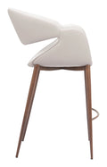 Profile side view of the Limay Counter Stool Beige & Walnut, highlighting the curved back and slanted legs.