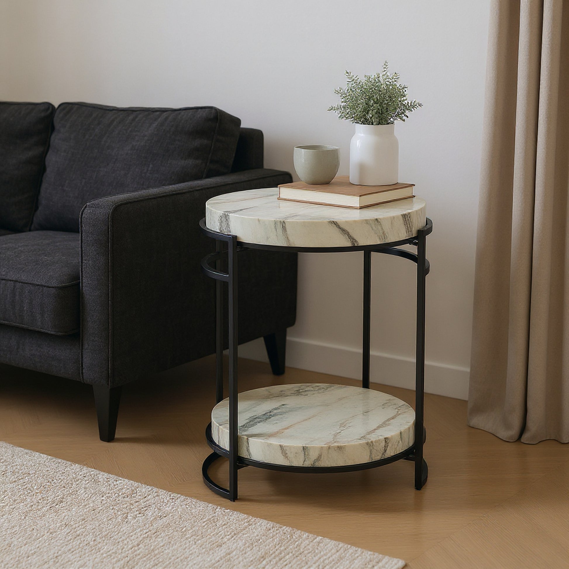 neutral-toned linen accent table in a farmhouse contemporary bedroom setting