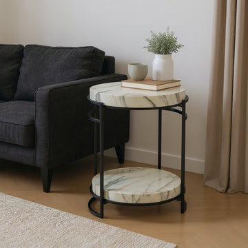 neutral-toned linen accent table in a farmhouse contemporary bedroom setting