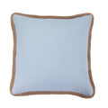 Light blue pillow with brown jute trim on a white background