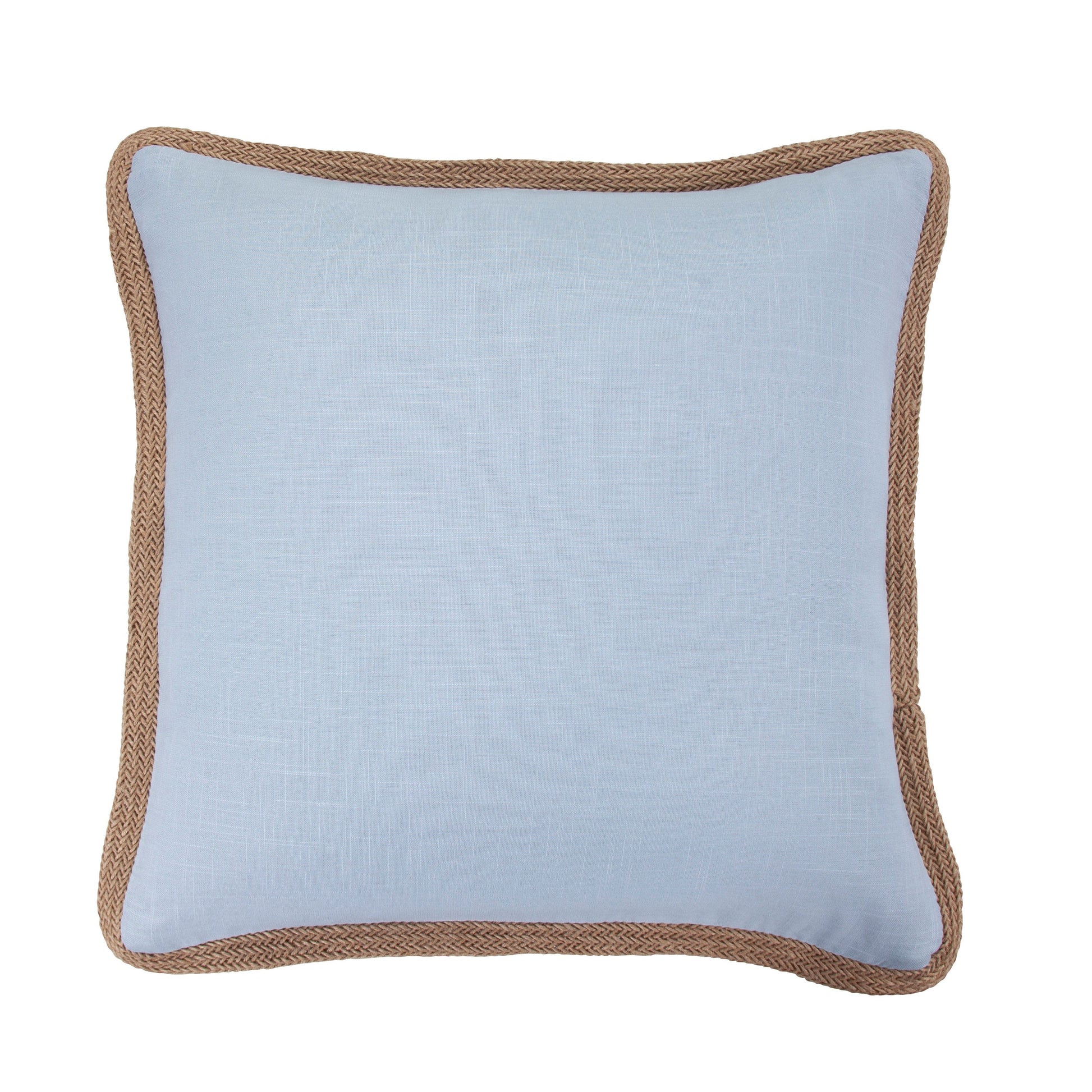 Light blue pillow with brown jute trim on a white background