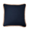 Navy blue pillow with beige trim on a white background