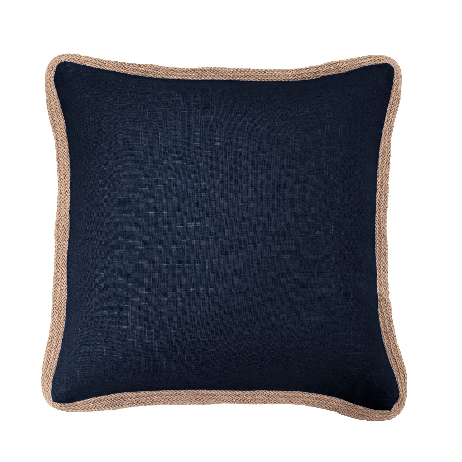 Navy blue pillow with beige trim on a white background