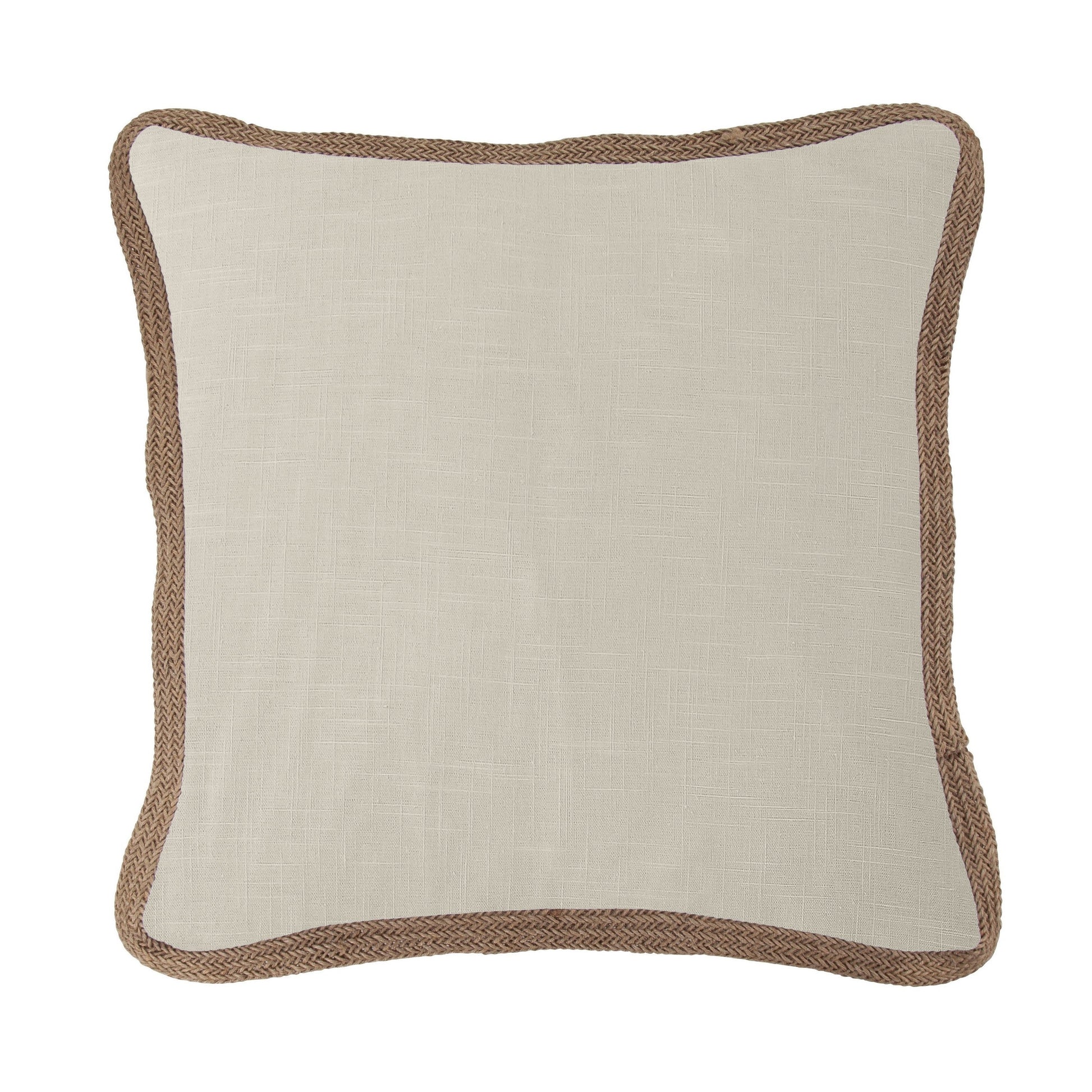 Beige pillow with brown woven trim on a white background