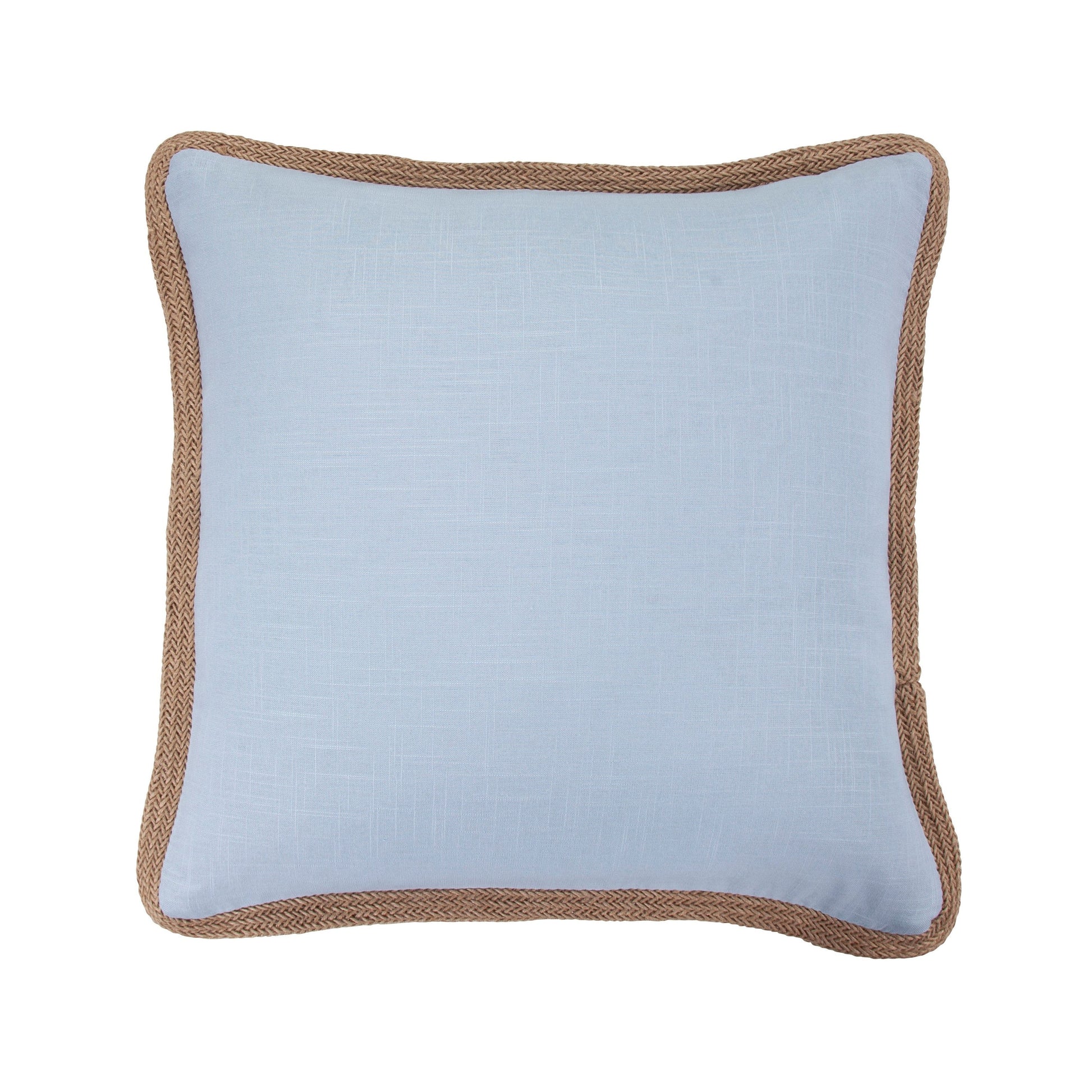 Light blue pillow with brown jute trim on a white background