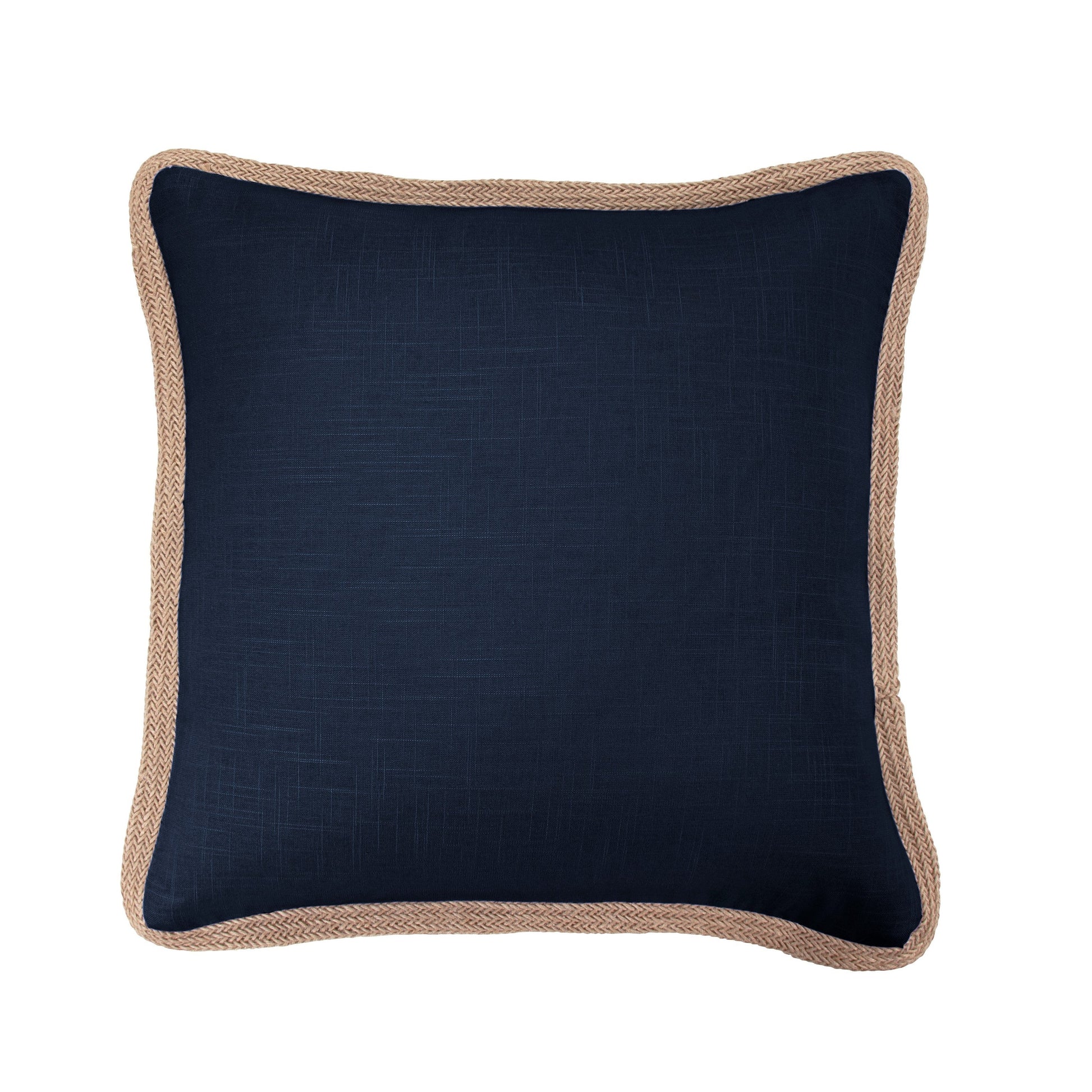 Navy blue pillow with beige trim on a white background