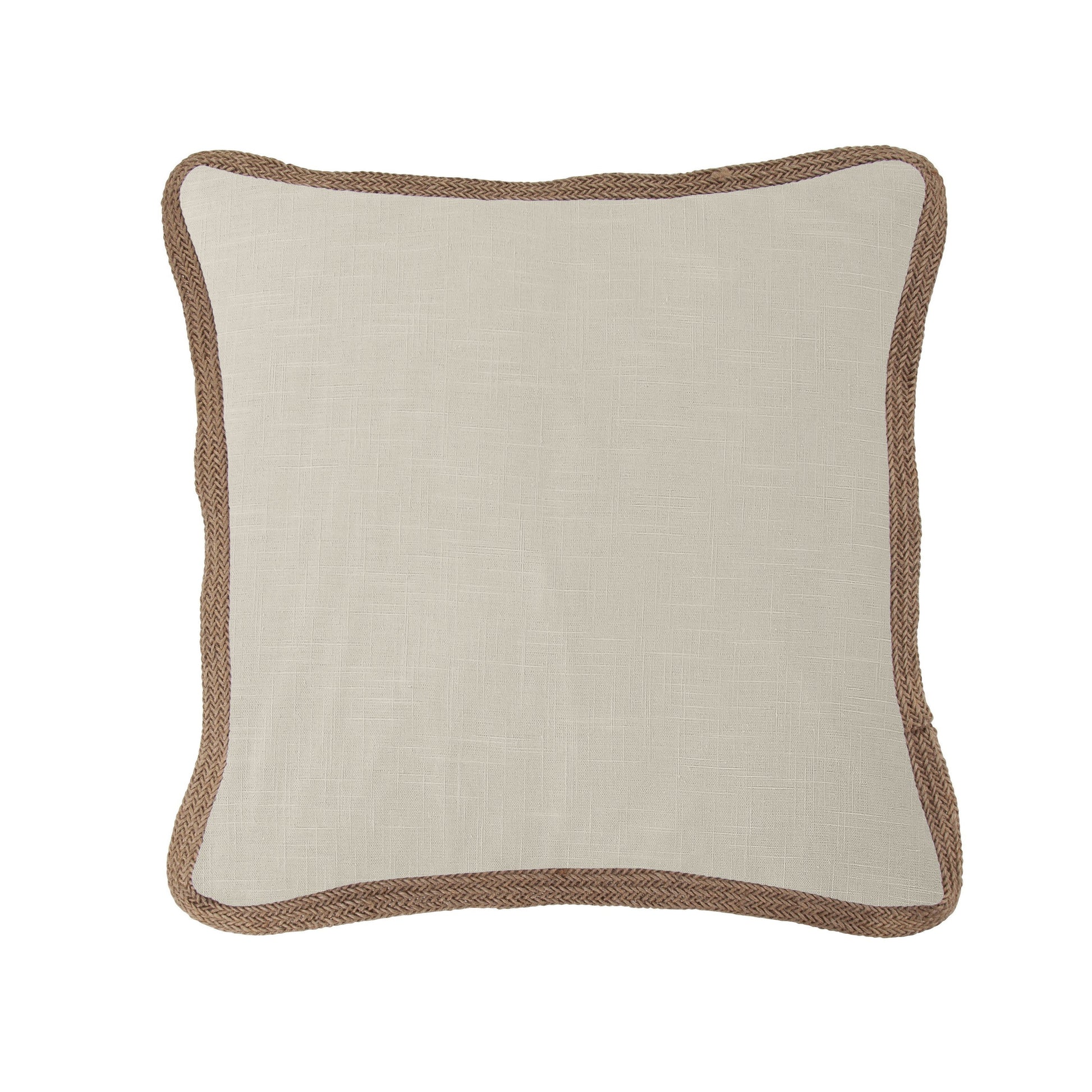 Beige pillow with brown trim on a white background