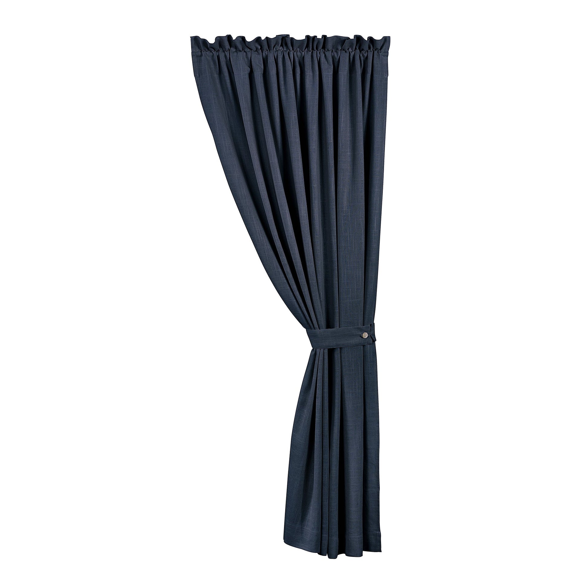 Dark blue curtain with a tieback on a white background