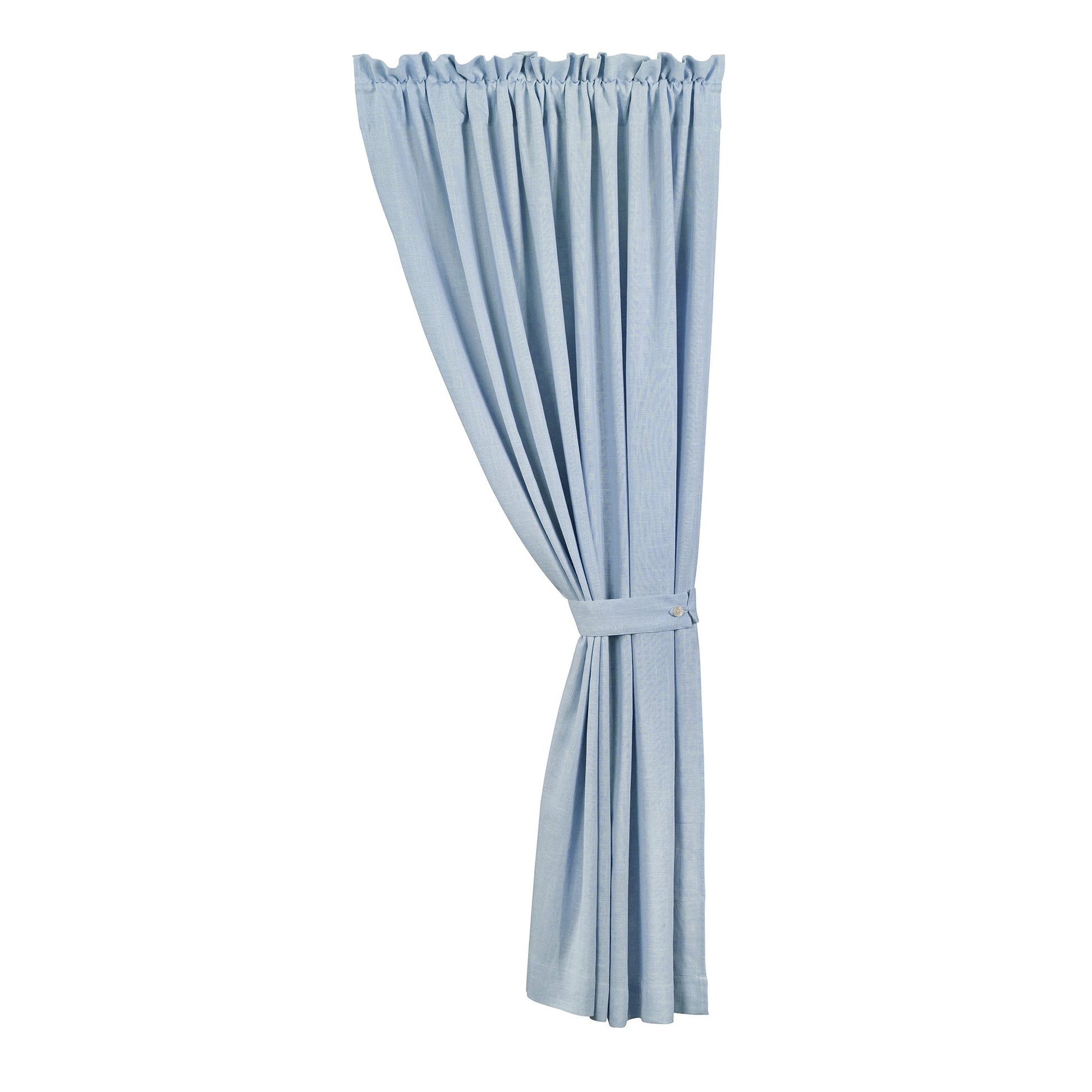Light blue curtain with a tie on a white background