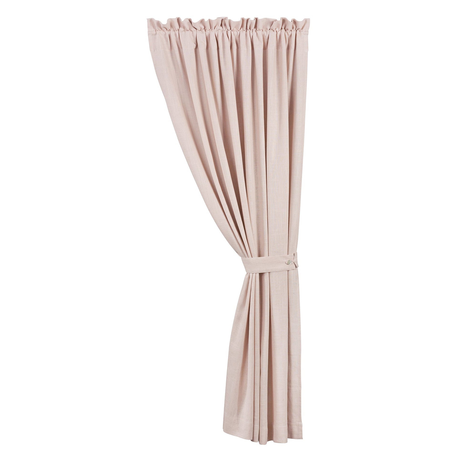Beige curtain with a tieback on a white background