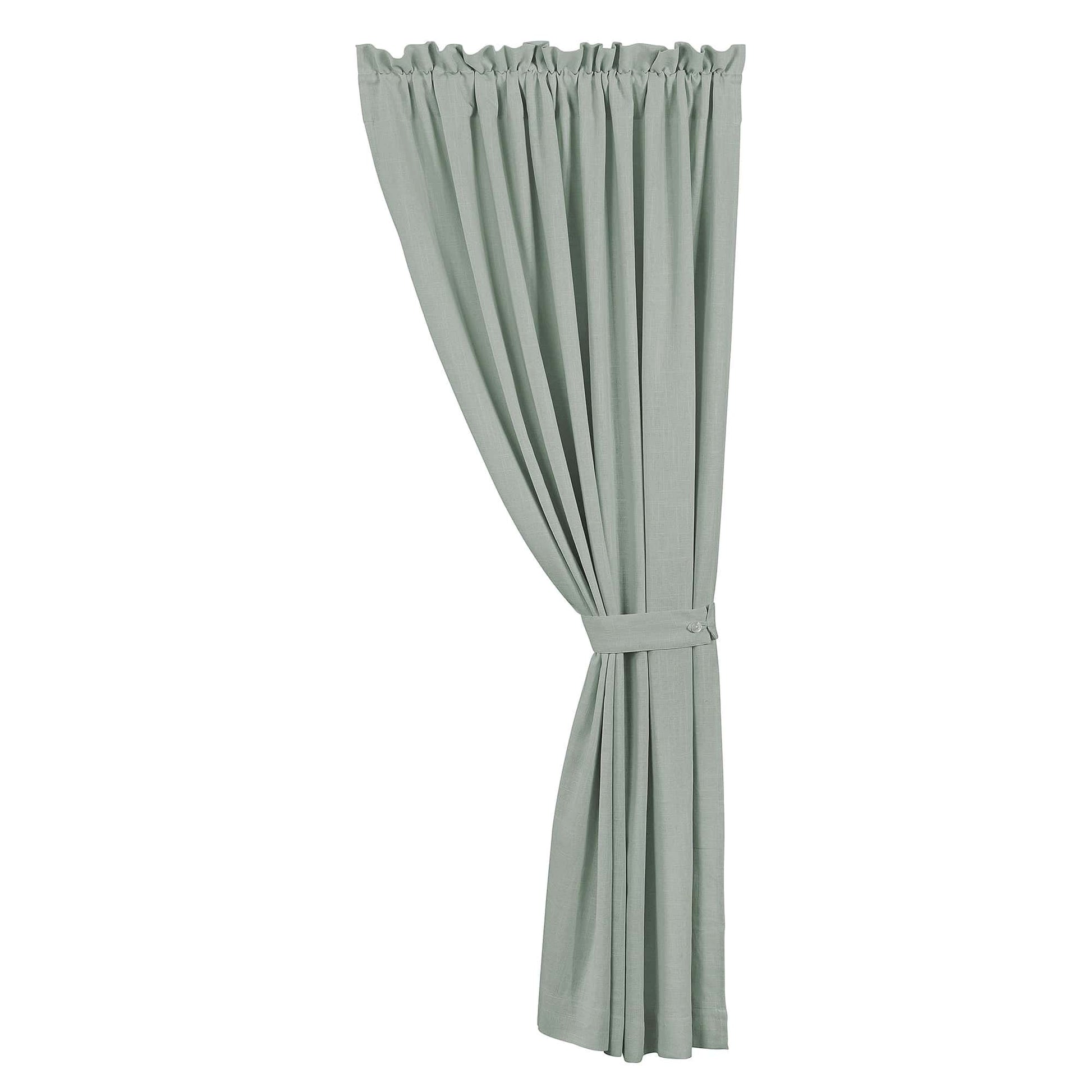 Light gray curtain with a tieback on a white background