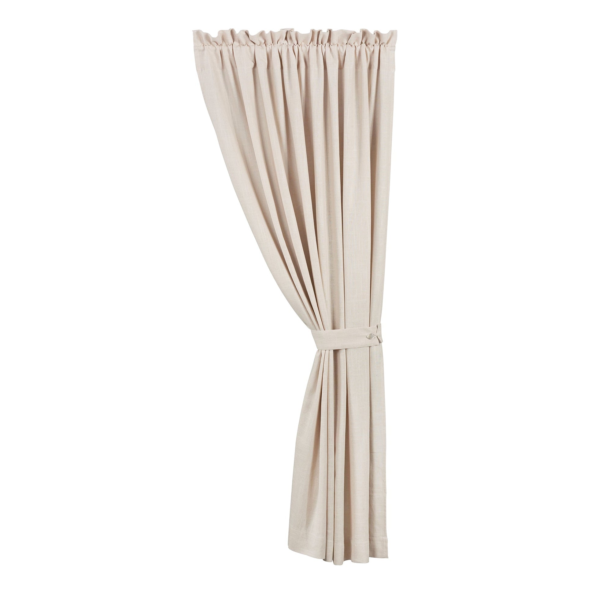 Beige curtain with a tieback on a white background