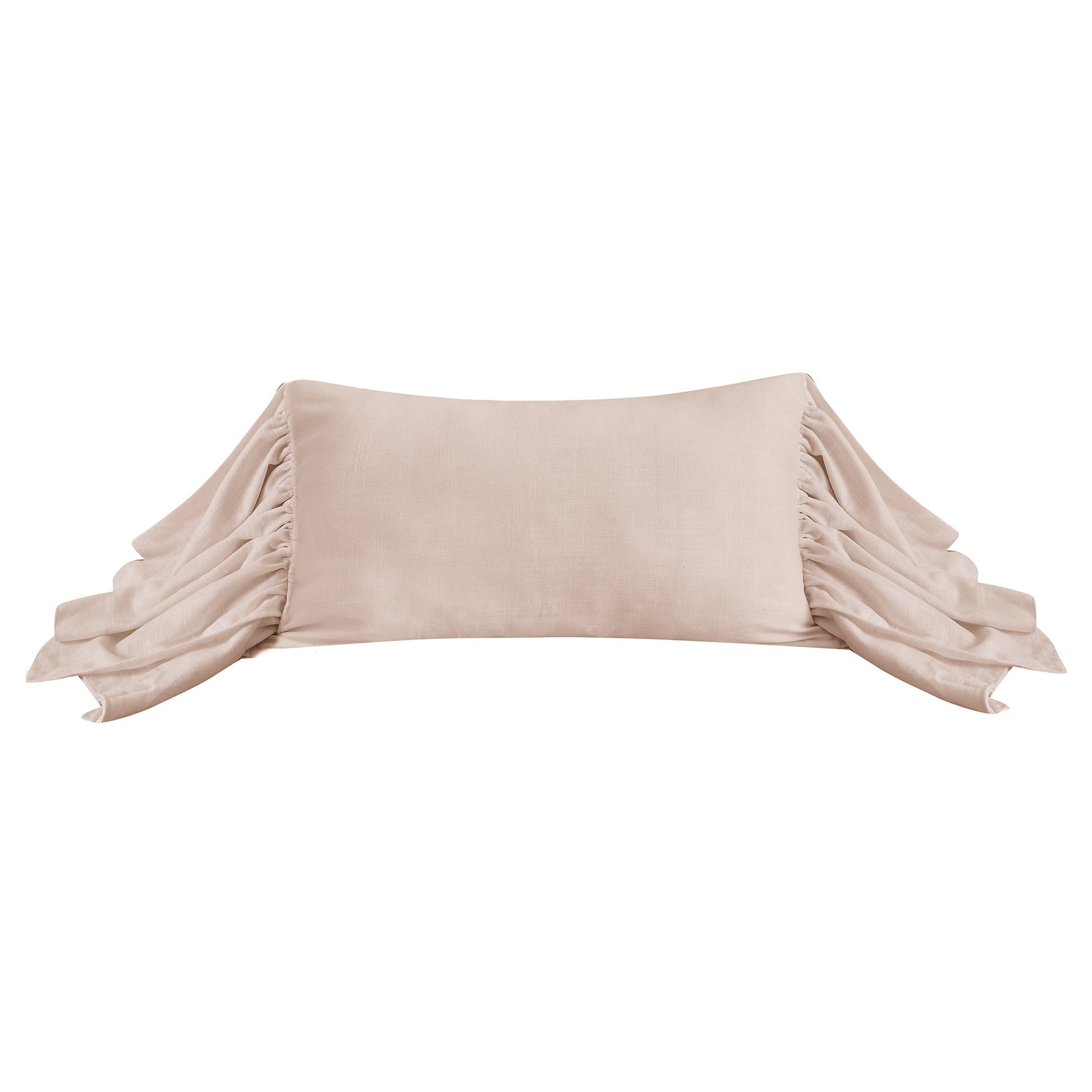Beige strapless top with ruched sleeves on a white background