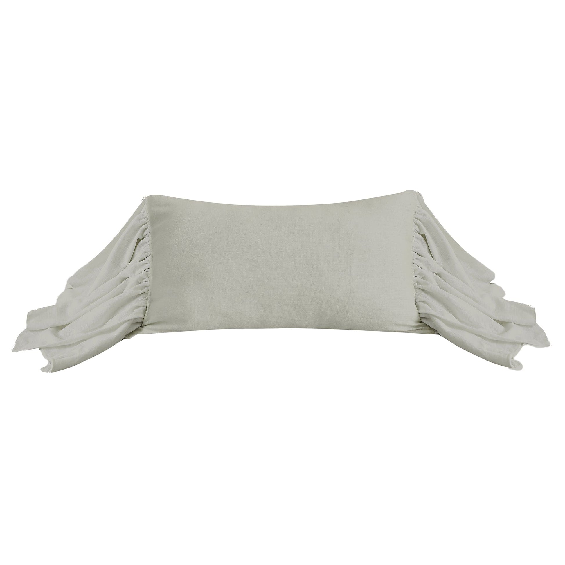 Light gray pillow with ruffled edges on a white background
