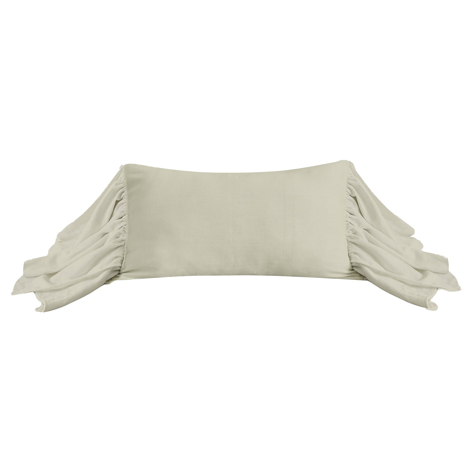 Beige off-shoulder top with ruffled sleeves on a white background
