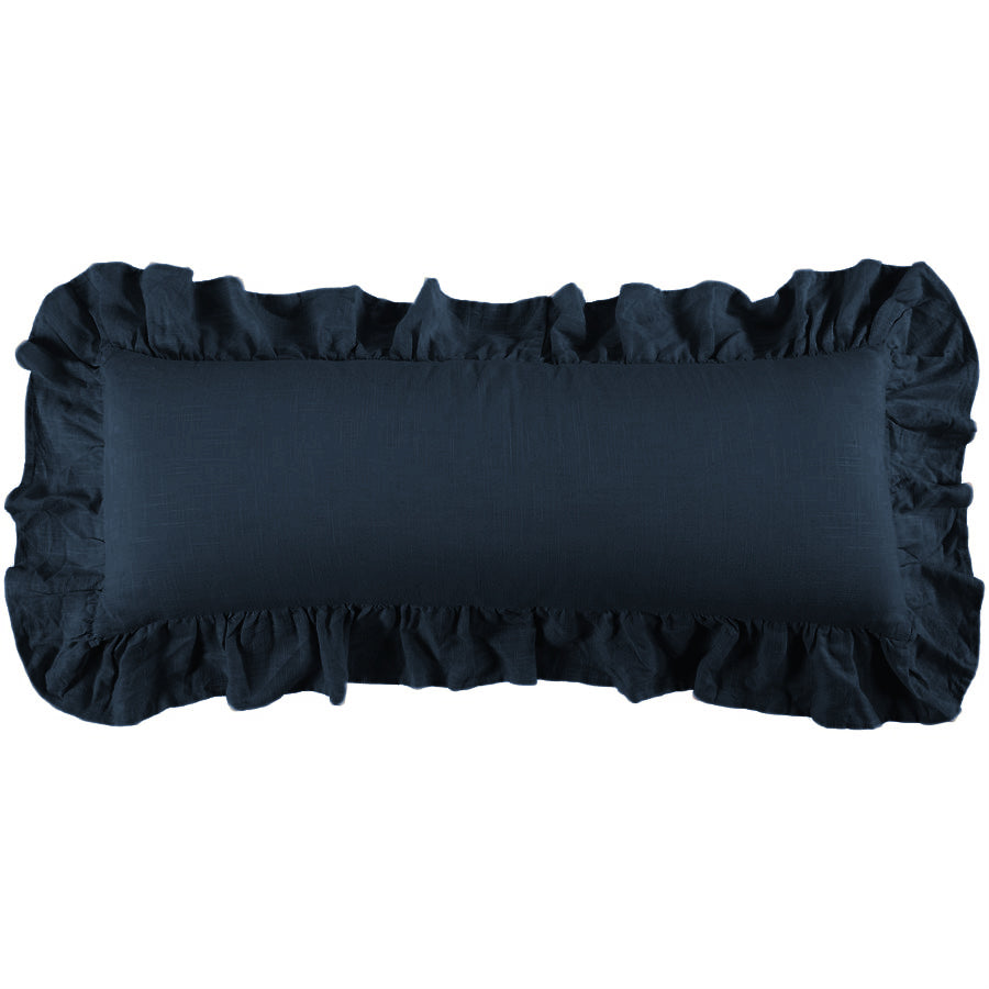 Navy blue pillow with ruffled edges on a white background
