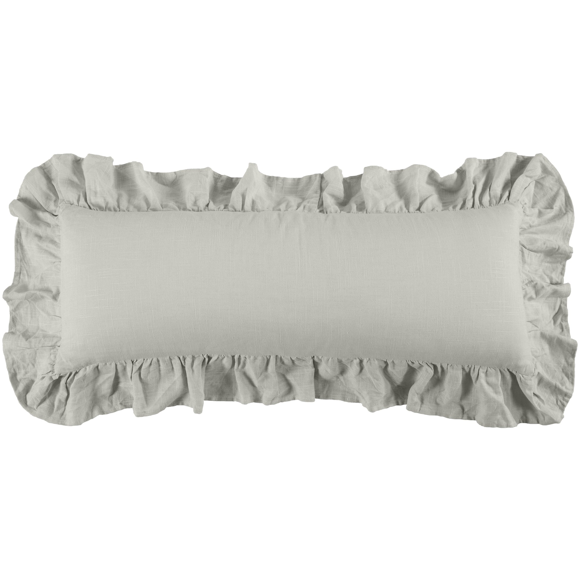 Light gray rectangular pillow with ruffled edges on a white background