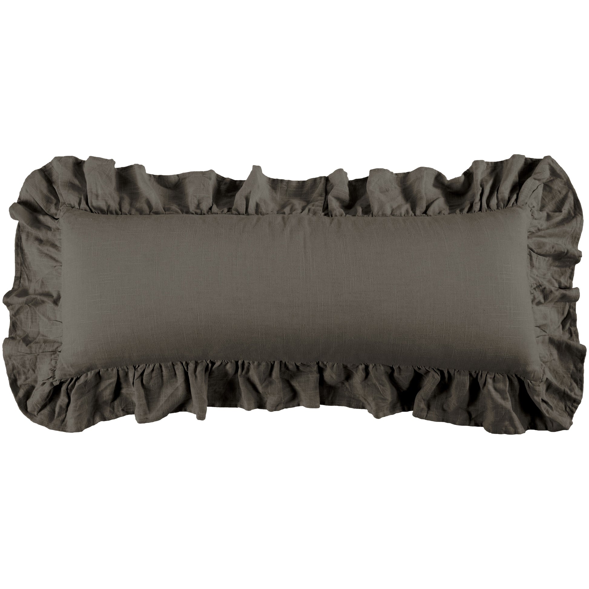 Gray ruffled pillow on a white background