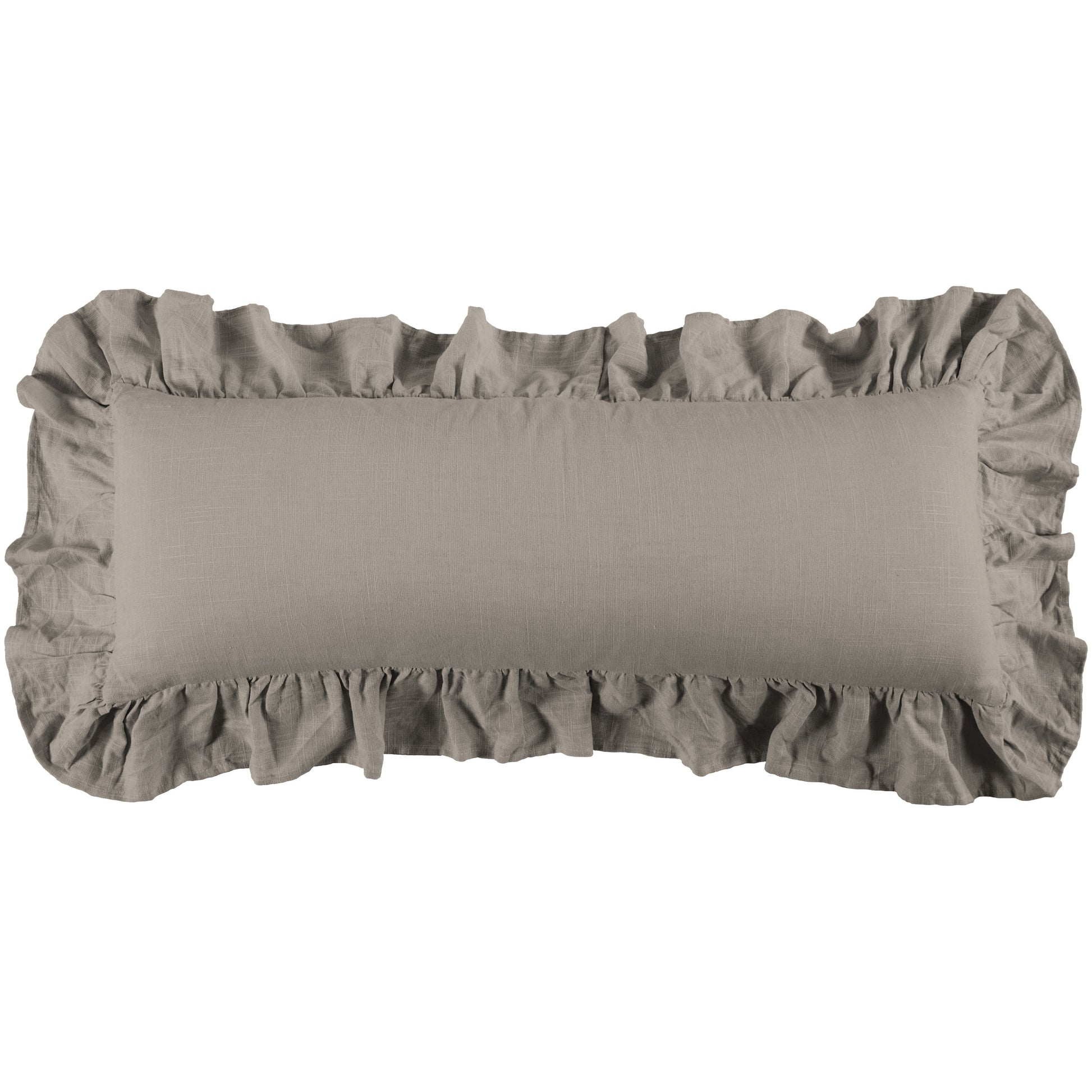 Gray rectangular pillow with ruffled edges on a white background