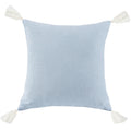 Light blue pillow with white tassels on a white background