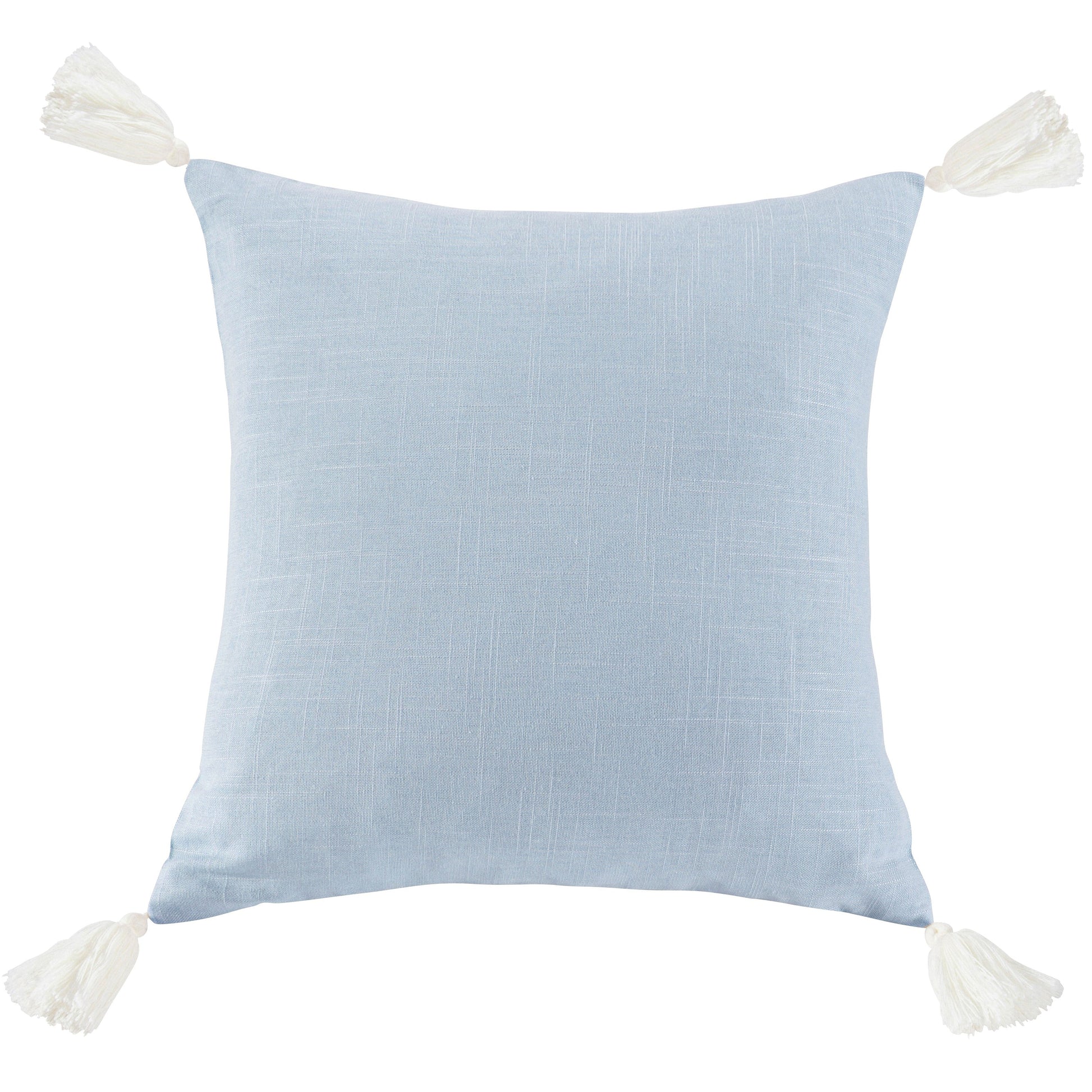 Light blue pillow with white tassels on a white background