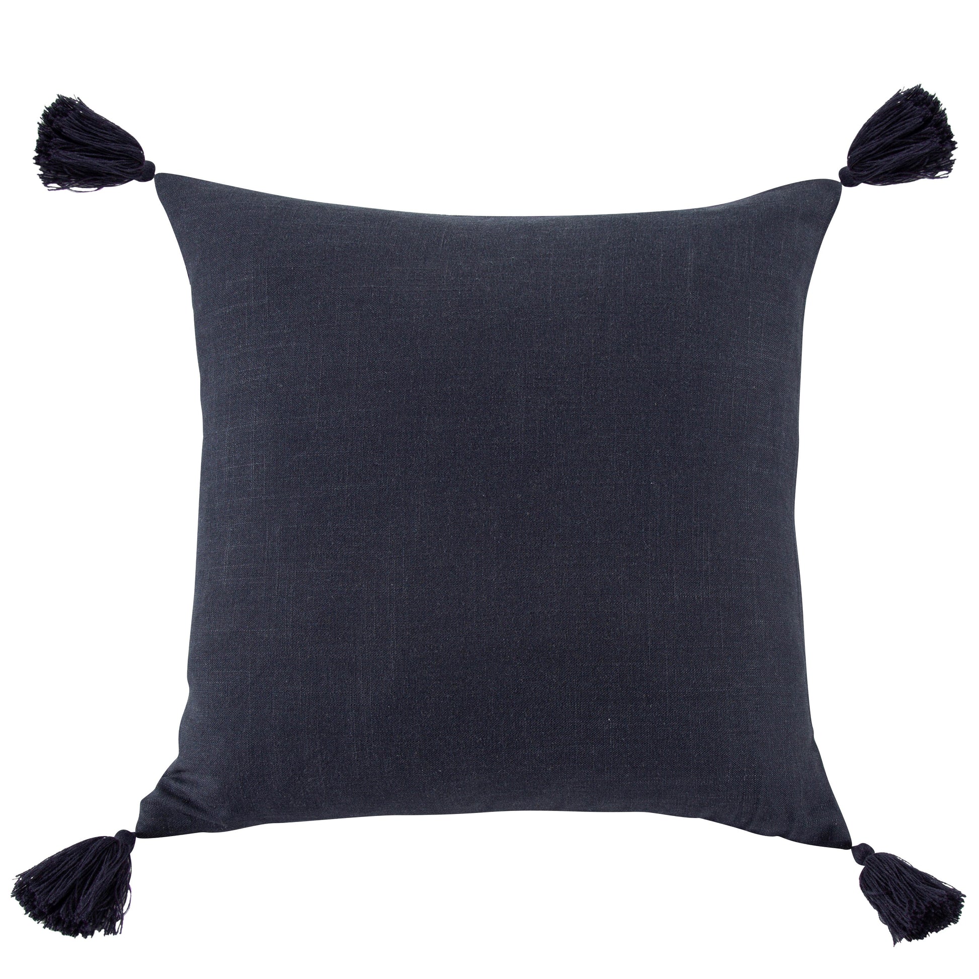 Dark gray cushion with black tassels on a white background