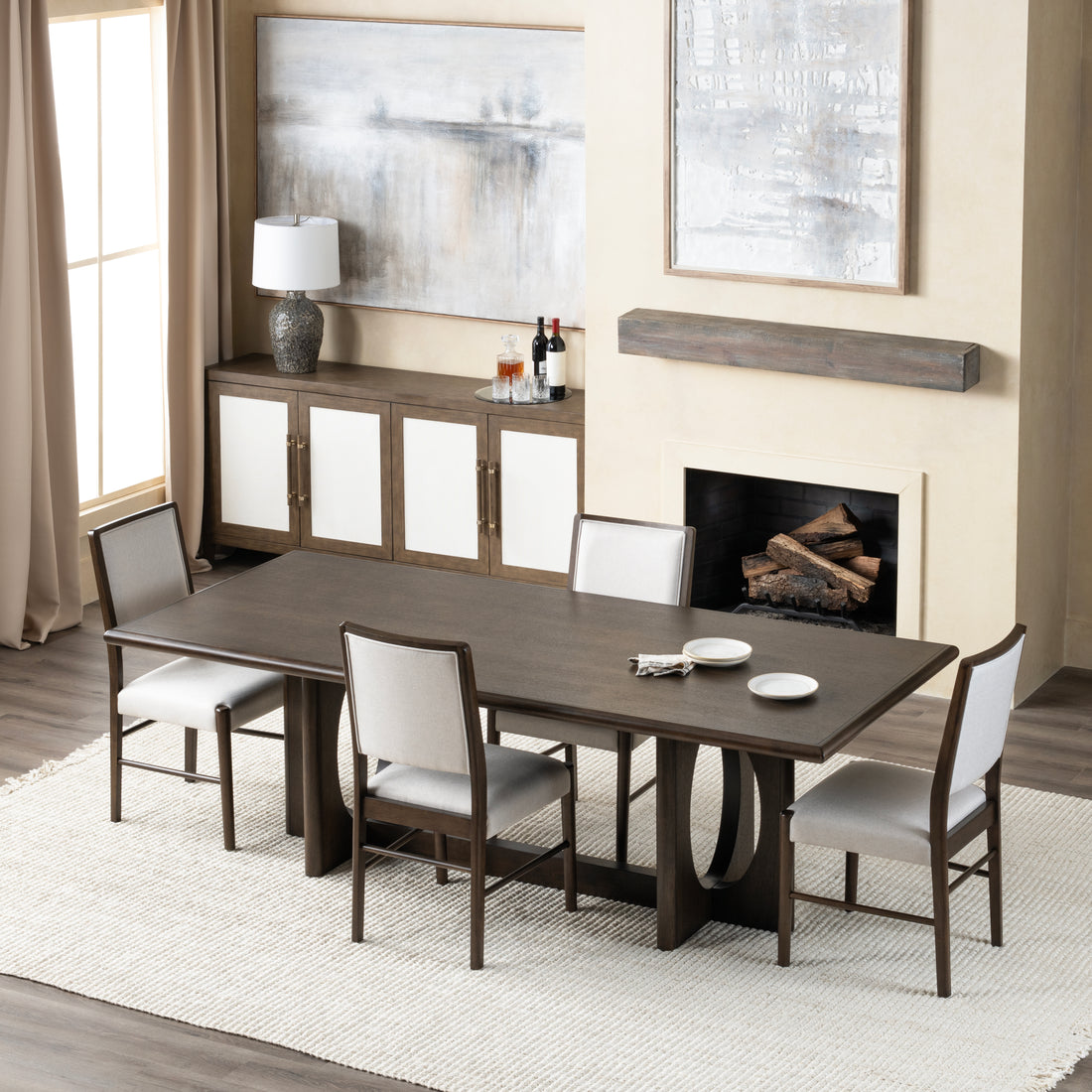 charcoal textured accent table in a farmhouse contemporary bedroom setting