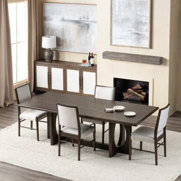 charcoal textured accent table in a farmhouse contemporary bedroom setting